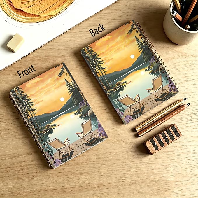 Boho Sunset Lake Camping Journal Notebook 5.5x8.3, Camping Lover Gifts Journal for Women Men, Camper Gifts, Rustic Nature Lake Landscape Notebooks for Work