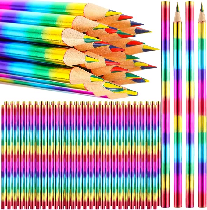Fainne 96 Pieces Rainbow Colored Pencils, 4 Color in 1 Rainbow Wooden Pencils for Back to School, Kids Art Supplies, Student Reward Gifts (Holographic Type)