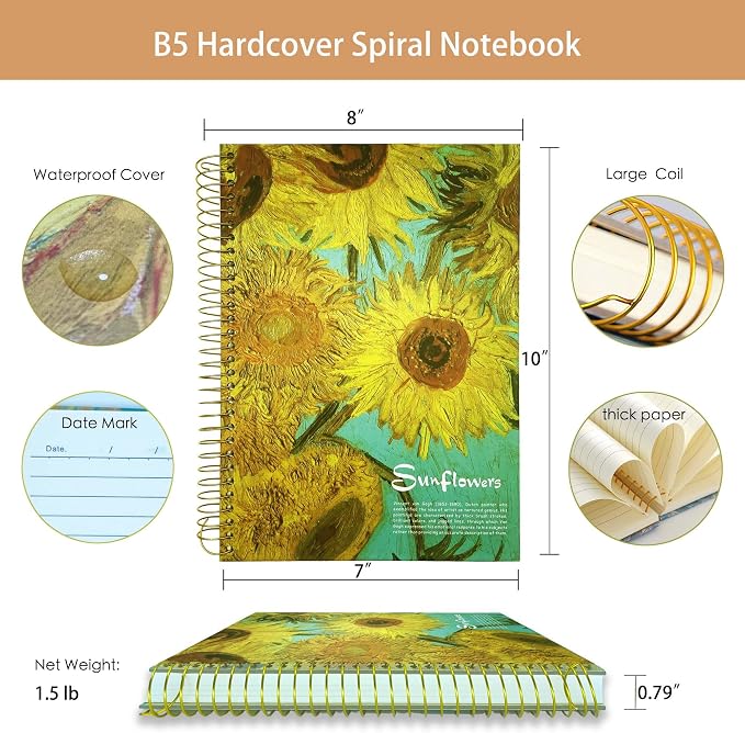 Large Spiral Notebook, B5, 300 Pages, 8x10 Big Notebook, Hardcover Large Journal, Thick Paper Lined Notebook, Vincent Van Gogh Sunflower gifts for Women and Children.