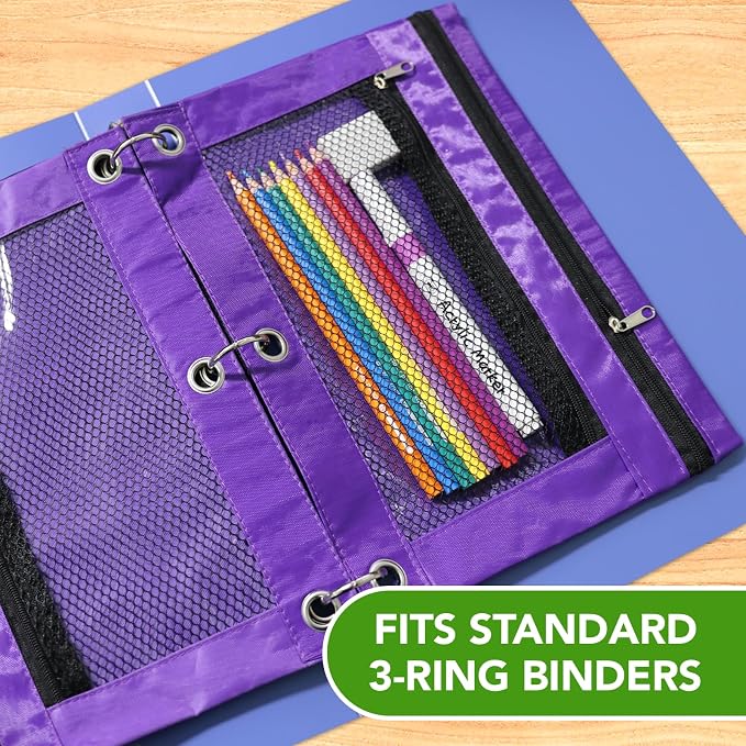 Pencil Pouch for 3 Ring Binder, Heavy Duty Canvas Dual Zipper Pen Bag with Clear Window, Smooth Metal Zipper, Fit Standard 3-Ring Binders for School Office Travel Supplies (Purple)