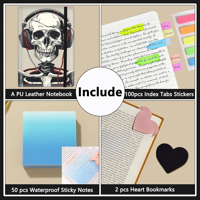 A5 Leather Lined Journal Notebook, 200 Pages Hardcover Executive Notebook for Men Women Office School Note Taking, Thick Writing Paper Daily Journal with Bookmarks/Indexes,Skeleton Skull