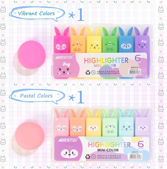 Rabbit Pastel Highlighters, 12 Soft Colors, Chisel Tip Markers | Cute No Bleed & Quick Dry Highlighters for School, Journals & Notes