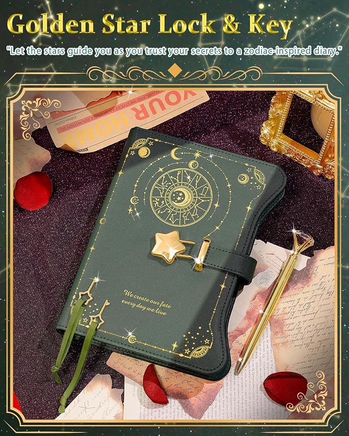 Hoci Poci Diary with Lock and Keys for Girls Gift Ideas, 360 Pages Journal | Elegant Gift Box for Teen Girls, B6 Kraft Pages Refillable Notebook with Pen and Bookmark for Writing, Astro Dark Green