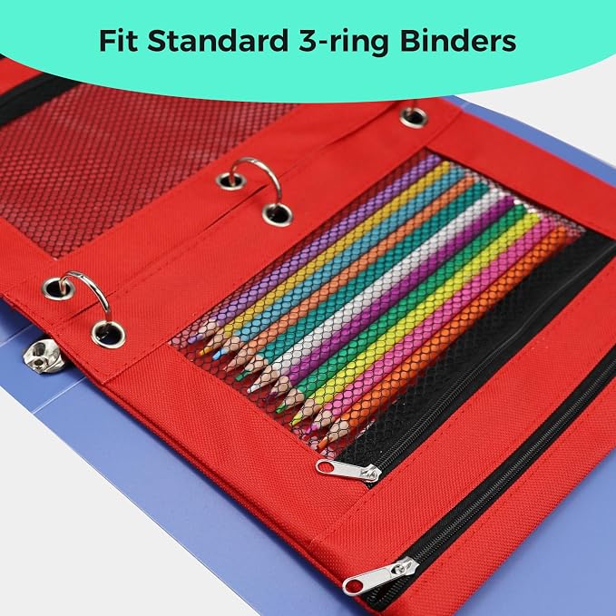 Pencil Pouch for 3 Ring Binder, Pencil Case with Zipper, 600D Fabric Pencil Pouch Bag Holder Accessories, Clear Window Pencil Case Aesthetic Back to School Organizer Pockets for Boy Girl (Red)