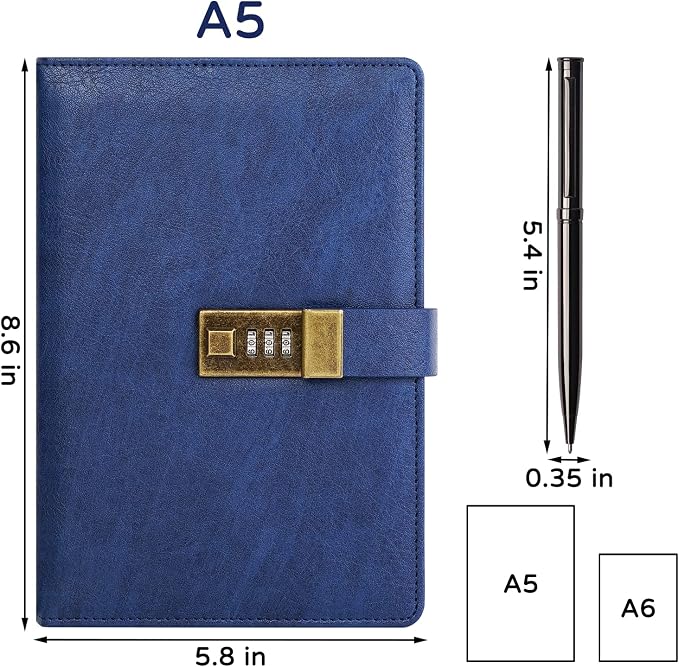 WEMATE Diary with Lock, A5 PU Leather Journal with Lock 240 Pages Blue | Vintage Lock Journal Password Notebook with Pen & Gift Box, Lock Diary Planner Organizer for Men and Women, 8.6x5.8in