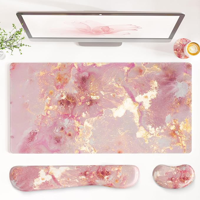 QiyI Leather Desk Mat Set, 4-in-1 Large Mouse Pad with Ergonomic Wrist Rest, Waterproof Desk Pad + Keyboard Wrist Rest + Mouse Wrist Support + Coaster, Non-Slip Office Gaming Accessories, Pink Marble