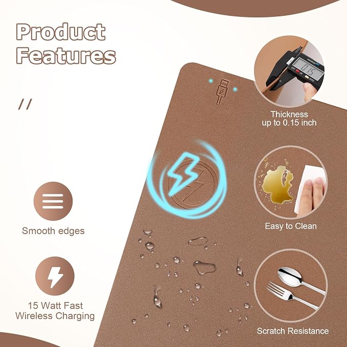 Wireless Charging Mouse Pad Firelison 2 in 1 Leather Multifunctional Office Desk Pad with Non-Slip Rubber Base, Waterproof Desk pad for Computers/Office/Work/Home/Decor（ 36" x 17"Buff - L）