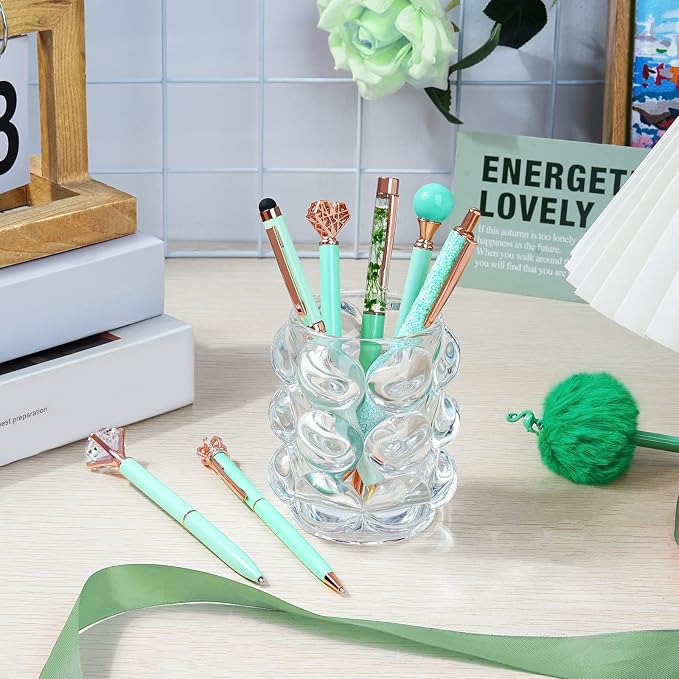 WEMATE 8Pcs Green Pens, Metal Crystal Diamond Pens with Black & Blue Ink | Cute Fancy Pens for Journaling, Office Supplies, Gifts for Women Girls, Birthday & Back to School Supplies