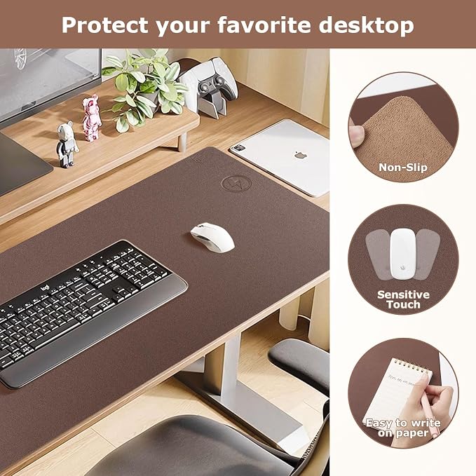 Wireless Charging Mouse Pad 2 in 1 Leather Multifunctional Office Desk Pad with Non-Slip Rubber Base, Waterproof Desk Pad for Computers/Office/Work/Home/Decor 36" x 17" Brown