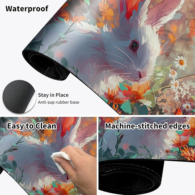 Warm Desk Pad,Heated Desk Pad,Office Mat,3 Heating Levels & 3 Hours Auto Shut-Off,31.5"*13" Gaming Mouse Laptop Keyboard Leather Desk Mat,Cute Rabbit Floral