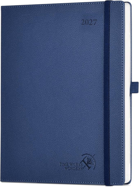 POPRUN 2027 Planner (Large 8.5"x 10.5"), Weekly and Monthly Planner | Daily Calendar Book Jan.2027 - Dec.2027, Appointment Book with Monthly Tabs, Leather Hardcover, Inner Pocket - Navy Blue