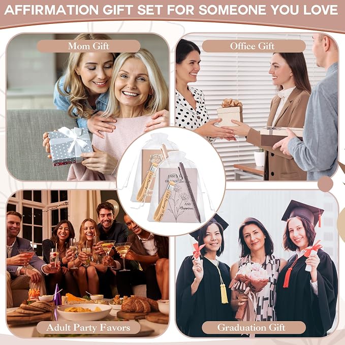 Mooliwe 12 Set Positive Affirmation Gift Set Gratitude Notebooks with Pens Keychains Small Bags Motivational Party Favors for Adult Women Coworkers Employee Group (Elegant)