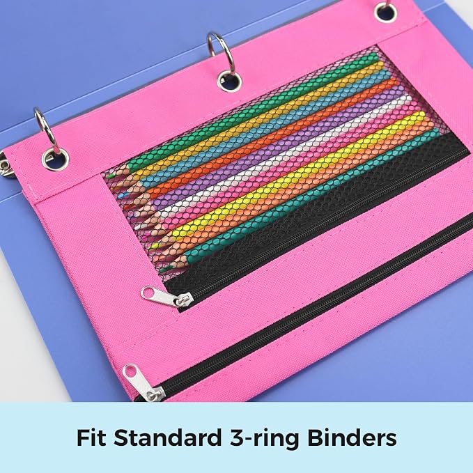 Pencil Pouch for 3 Ring Binder, Pencil Case Bag with Zipper, 600D Fabric Pencil Pouch Holder Accessories, Clear Window Pencil Case Aesthetic Back to School Organizer Pockets for Boy Girl (Pink)