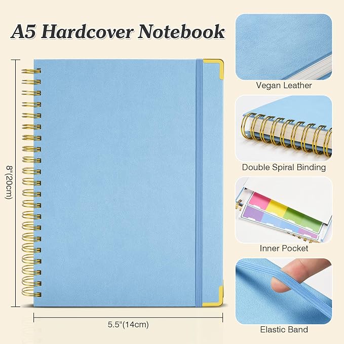 Spiral Notebook, 300 Numbered Pages Notebooks College Ruled with Contens | 100GSM Thick Journal for Women Men, Hardcover Leather Lined Journal for Writing,Large A5 Journaling Notebooks for Work School