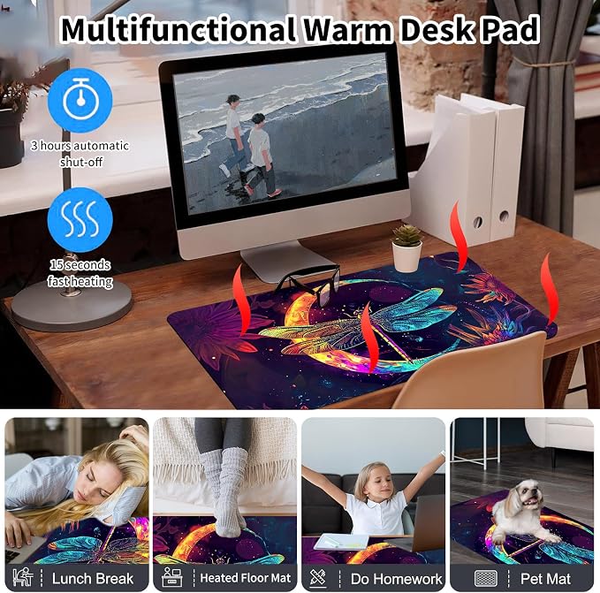 Heated Desk Pad Mouse Pad,Heated Desk Mat,with 3 Heating Levels & 3 Hours Auto Shut-Off,Leather 23.6"*14.2" Gaming Mouse Laptop Mat,Foot Warmer,Glitter Dragonfly Moon