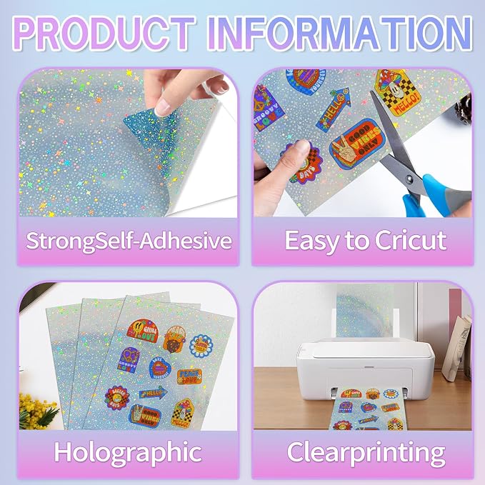 STARLIBOO 25 Sheets Holographic Sticker Paper for Inkjet&Laser Printer, Printable Vinyl Sticker Paper Self-Adhesive, 8.5" x 11" (Laser Star)