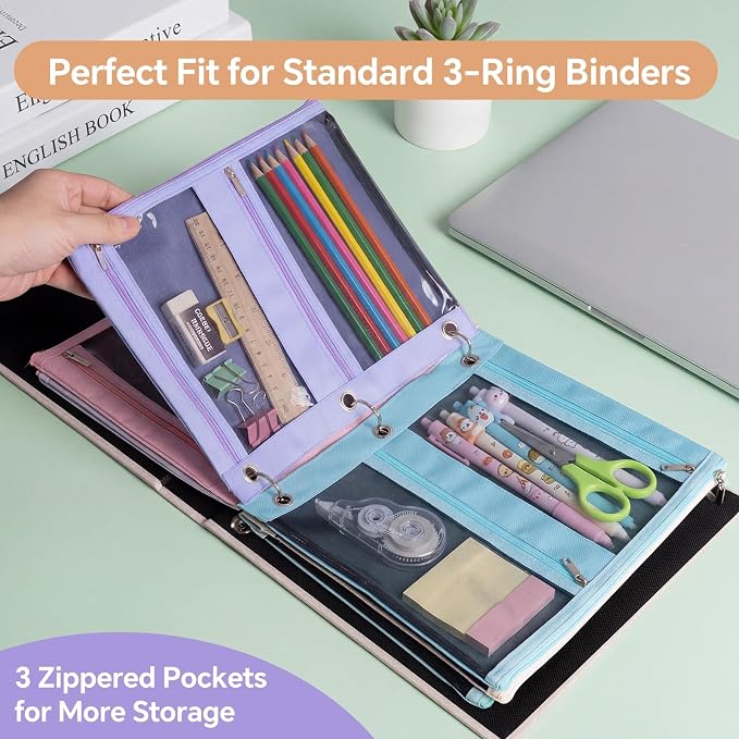 Lanpn 72 Pcs Pencil Pouch for 3 Ring Binder, 3 Pocket Zipper Binder Pouch Bulk, 9"x11" Binders Pencil Case, Pastel School Supplies for Girl Boy Student, Reinforced Grommets, Clear Window, Micro Mesh