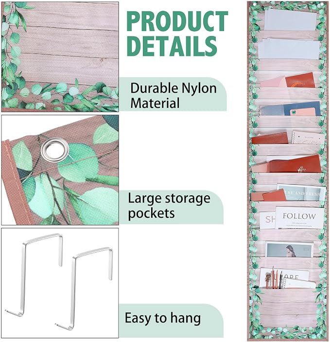 MotiMind Green Leaves 10 Pockets Wall Hanging File Folders File Storage Pocket Chart for Classroom Hanging Wall Organizer with 2 over The Door Hangers, 58" x 14" for School Classroom Office Home