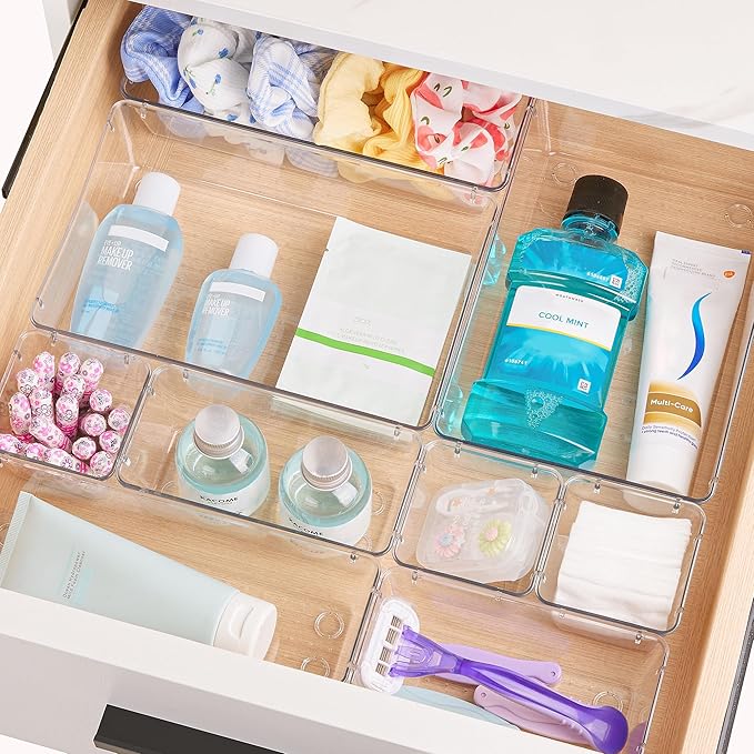 Vtopmart 25 PCS Clear Plastic Drawer Organizers Set, 4-Size Versatile Bathroom and Vanity Drawer Organizer Trays, Storage Bins for Makeup, Bedroom, Kitchen Gadgets Utensils and Office | 4-Size Versatile Makeup Organizer, Storage Containers Small Bins f...