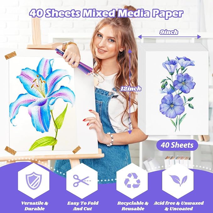 Mixed Media Paper 9" x 12",40 Sheets Multipurpose White Loose Drawing Paper | 98lb/160gsm Heavyweight Art Paper for Sketching, Sketch Book, Gouache, Painting, Sketchbook, Drawing Pad Book, School