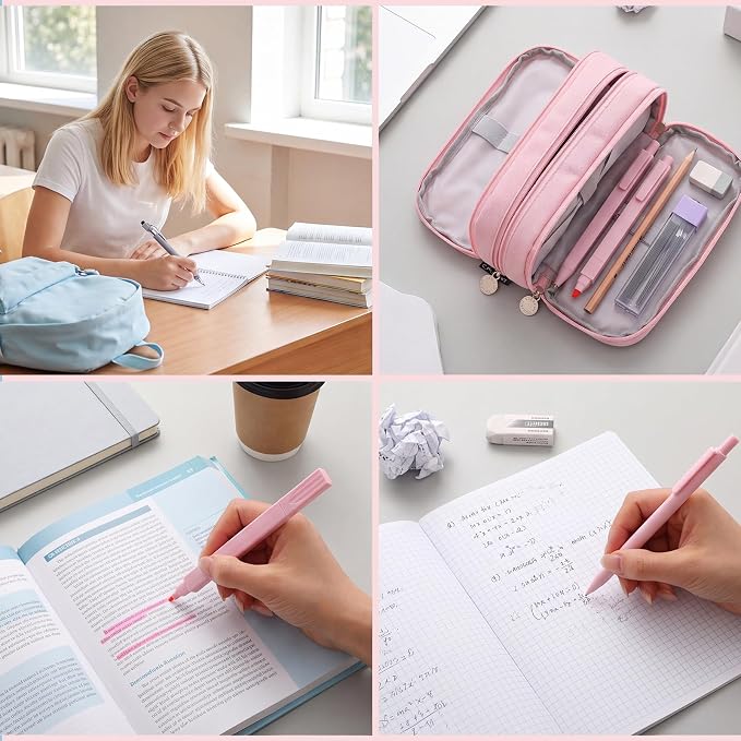 BESARME Pink Pencil Case with Supplies for College & Nursing Students 39ct | Back to School Supplies, 6 gel pens, 12 highlighters, 6 ballpoint pens, 6 mechanical pencils, refills, erasers