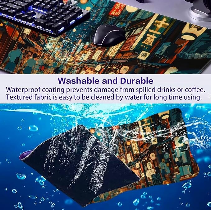 Cute Japanese Street Keyboard Desk Mat, Tokyo Night View Computer Mouse Mat | Large Extended Mouse Pad; Full Desk Coverage; Waterproof Coating; Stable Anti-Slide Base For Gaming, Office, Study Daily Use