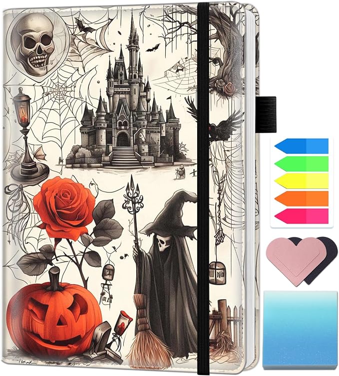 A5 Leather Lined Journal Notebook, 200 Pages Hardcover Executive Notebook for Men Women Office School Note Taking, Thick Writing Paper Daily Journal with Bookmarks/Indexes, Halloween Castle