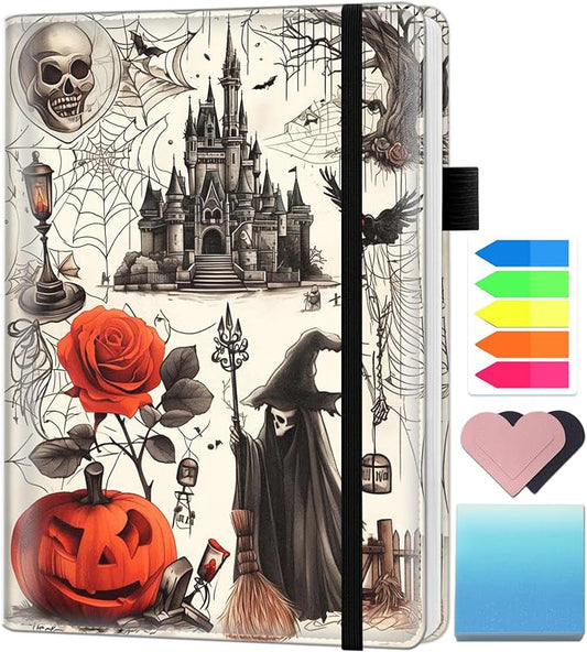 A5 Leather Lined Journal Notebook, 200 Pages Hardcover Executive Notebook for Men Women Office School Note Taking, Thick Writing Paper Daily Journal with Bookmarks/Indexes, Halloween Castle