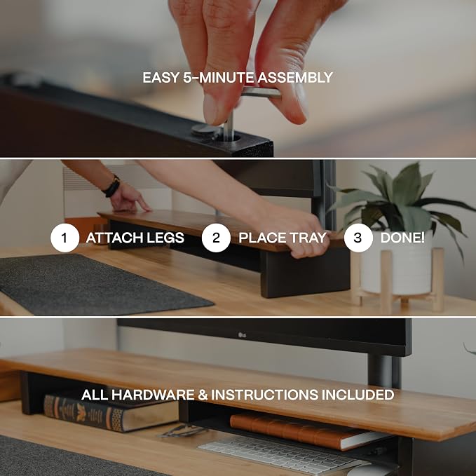 COREMINDED Solid Wood Dual Monitor Stand Riser, 42 Inch Walnut Desk Shelf | Fits 2 Monitors, Sturdy & Stable Solid Wood, Under Monitor Keyboard Storage, Office Desktop Organizer, Easy Assembly, Walnut
