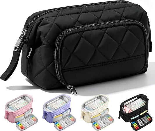 Zannaki Soft Quilted Large Pencil Pouch Organizer with Wide Opening for Boys Girls Teens - Extra Big Capacity Pen Pencil Bag with Zipper, Portable Pencil Case Box for School, College, Cosmetic Gift