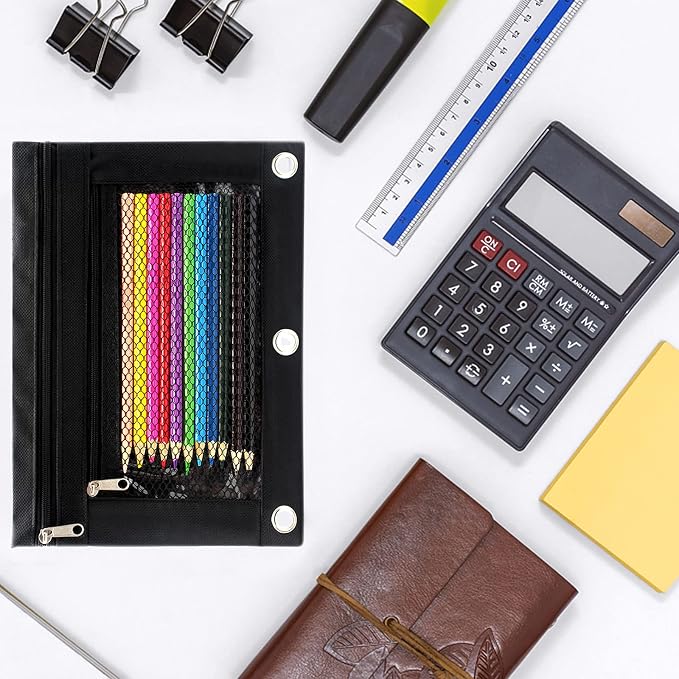 Pencil Pouch 3 Ring Binder Pouch Zippered Pencil Case Canvas Pencil Bag with 2 Compartments (Set of 2, Black)