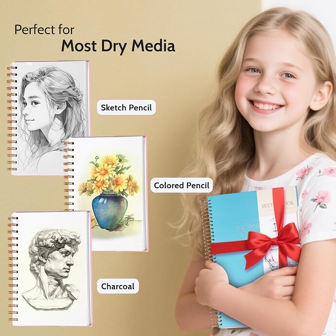 Yoment 5.5" x 8.5" Sketch Book Small Sketchbook for Drawing 100 Sheets Hardcover Spiral Sketch Pad for Kids(68lb/100gsm) Art Sketchbook Drawing Blank Paper Book for Beginners Artists with Pencil Blue