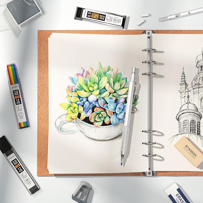 STAGEEK 25PCS Art Mechanical Pencil Set, 3PCS Metal lead pencil 0.5, 0.7, 0.9, 2PCS 2mm Drawing Pencil (HB 2H 2B 4B Color) with 392PCS Graphite Leads, Eraser with Case for Drafting Drawing Writing