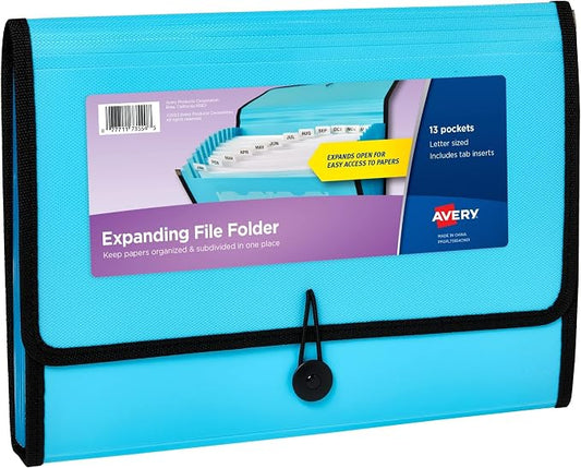 Avery Expanding File Folder Organizer, 13-Pocket Accordion File Organizer, Aqua, Holds 425 Letter/A4-Size Sheets (73554) (Pack of 6)