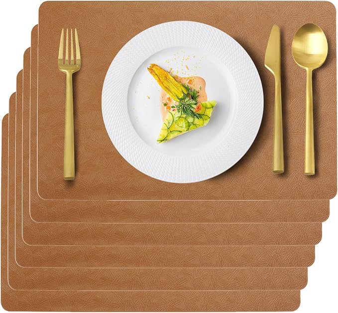 Brown Plastic Placemats Set of 6, Faux Leather Waterproof Table Mats | Brown Vinyl placemats,Wipeable and heat resistant table mats.Easy to clean,great for indoor and outdoor