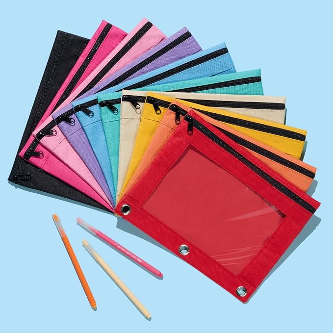Forvencer Pencil Pouch for 3 Ring Binder, Large Pencil Case Pouch with 3 Reinforced Grommets, Pen Bag, Clear Window Pencil Case, Binder Accessories, Matte Black