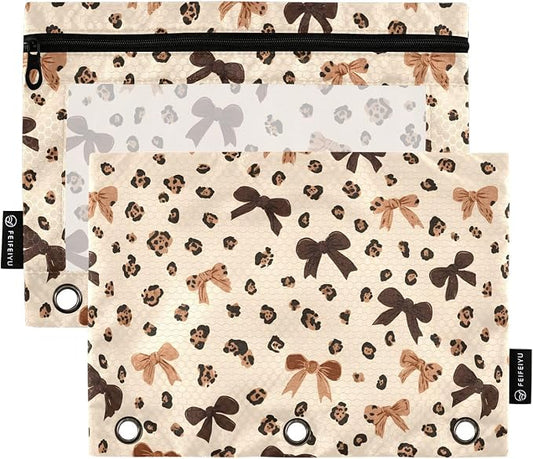ALAZA Leopard Print Cheetah Bow Pattern Pencil Pouch for 3 Ring Binder 2 Pack Zipper Binder Pencil Bag Case with Clear Window Office Supplies