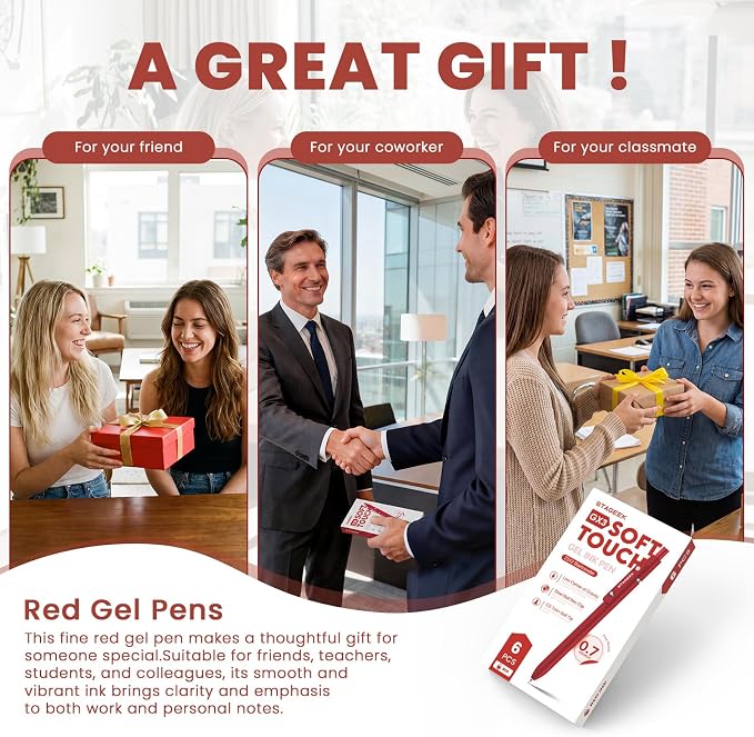 STAGEEK Red Gel Pens GX3, 6Pcs Quick Dry Red Ink Pens with 3 Extra Refills, Fine Point Retractable Smooth Writing Pens for Journaling, Note Taking, School Supplies, Nurse Aesthetic, Office(Red)