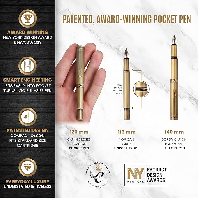 Scriveiner Luxury EDC Fountain Pen (Medium), Stunning Heavy Brass Pocket Pen, Hand Brushed Bronze Finish, Schmidt German Nib Converter, Best Writing Pen Gift Set for Men Women, Nice Fancy Designer Pen