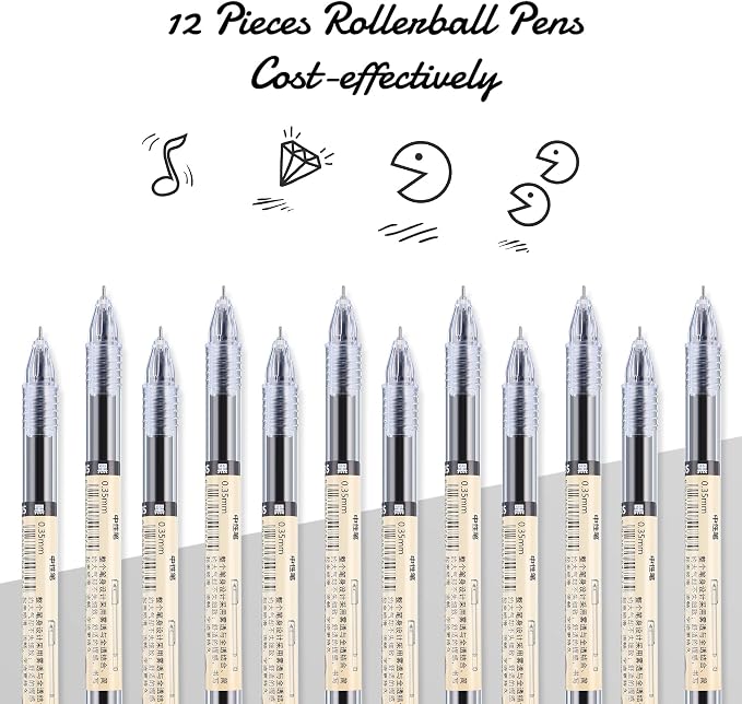 Chinco 12 Pieces 0.35 mm Black Gel Ink Pen Japanese Stationery Extra Fine Chinese Ballpoint Pen for Office School Korean Stationery Supply