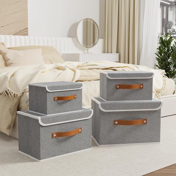 OUTBROS Storage Boxes, Bins with Lids, Grey, 3 Pack 10.2x7.9x6.7in | Cotton and linen cloth Storage Baskets with Handle, for Books, Closet, Bedroom, Home