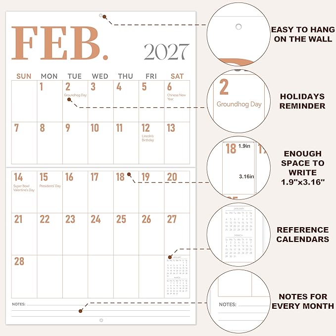 GuassLee Wall Calendar 2026-2027 Large, 23"x14" Vertical Wall Calendar 2026, 13-Month from 2026 Jun to 2027 Jun, Monthly Planner Hanging Calendar with Big Grid Big Numbers for Home Office Organizing