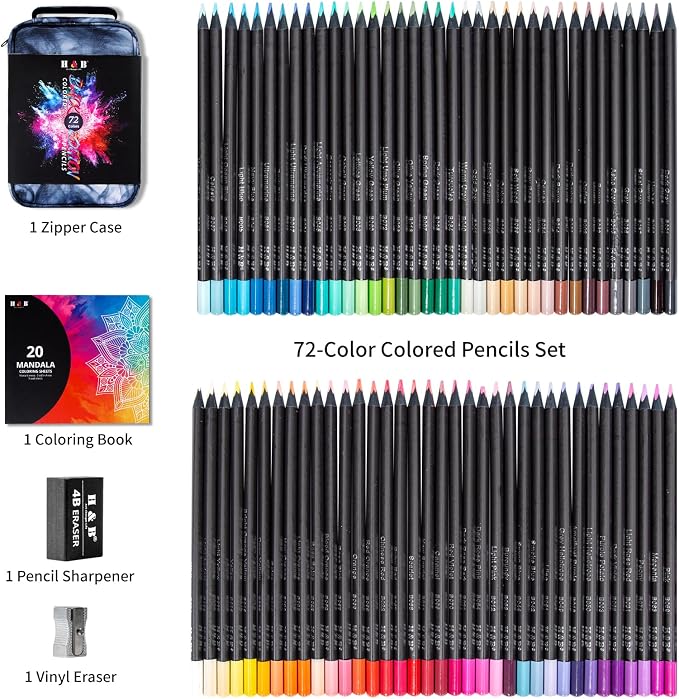 H & B 72-Color Colored Pencils Set with Mandala Coloring Sheets, Eraser, Sharpener - Soft Oil-Based CoresArt Supplies Drawing Kit for Adults, Kids, and Beginners