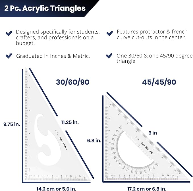 Pacific Arc - Triangle Set 10 Inch 30/60 & 45/90 - Student, Professional or DIY use. - 2 Pack