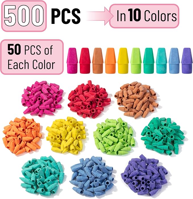 Mr. Pen- Pencil Erasers Toppers, 500 Pack, Colorful, Latex Free, No Smudge | Mr Pen Erasers for Pencils, Bulk Pencil Eraser Caps, Teachers as School Supplies, Classroom Set for Kids