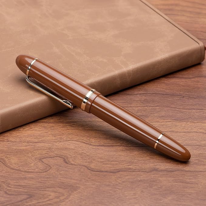 Jinhao X159 Brown Acrylic Fountain Pen, Size 8 Medium Nib Gold Trim Classic Design Smooth Writing Pen with Converter