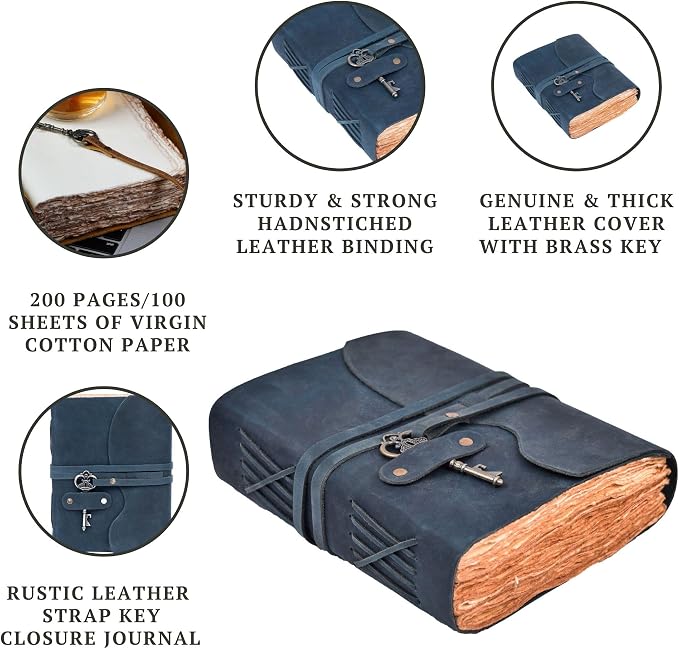 LEATHER VILLAGE Vintage Leather Journal – 200 Handmade Vintage Deckle Edge Paper – Leather bound Journal For Women Men – Vintage Key Closure - Book of Shadows - Blue - 10X7 inches