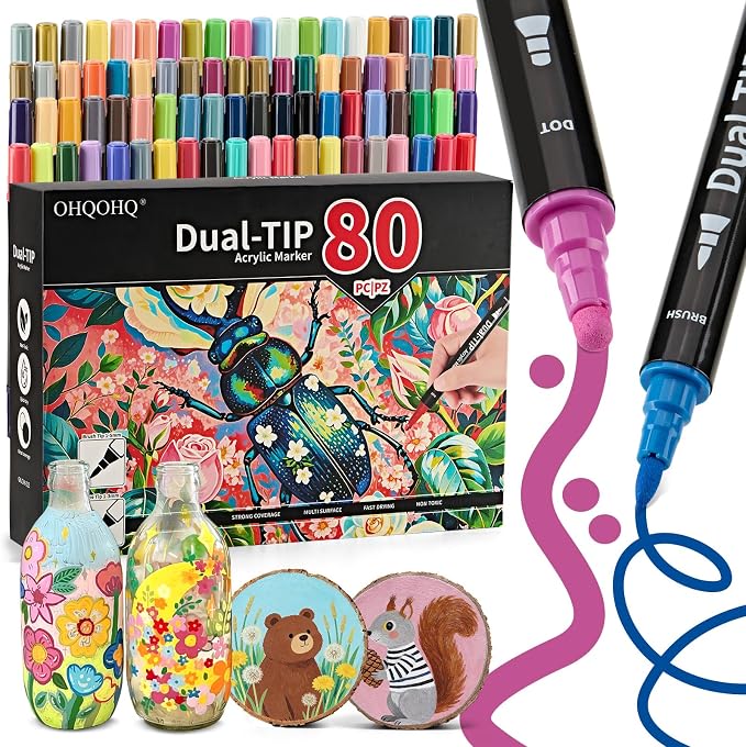 80 Colors Acrylic Paint Markers, Dual Tip Acrylic Markers Set with Fine & Dot Tip for Rock Painting, Stone, Wood, Canvas, Ceramic, Glass, Metal & Calligraphy