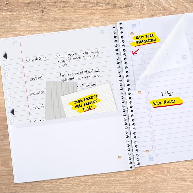 Five Star Spiral Notebook + Study App, 1 Subject, College Ruled Paper, 8-1/2" x 11", 80 Sheets, Graphics, 4 Pack (850221F)