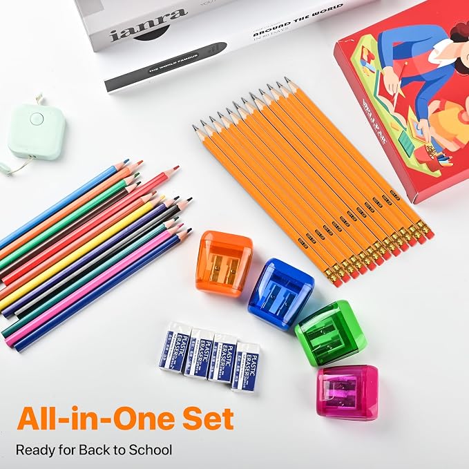 WELLFAR 32 PCS Pencils Set, 12 Pack Pencils #2 HB + 12 Colored Pencils, Wooden/Wood Lead Pencil with 4 Sharpeners & 4 Erasers, Number 2 Lapiz, Complete Art & Homework Kit for Drawing Writing.